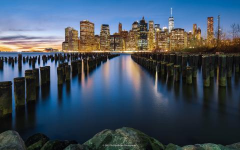 曼哈顿，城市景观，倒影，水，摄影壁纸