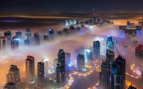 城市景观，摩天大楼，雾，灯，建筑，城市，迪拜，建筑，现代，夜，阿拉伯联合酋长国，沙漠壁纸