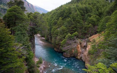 自然，景观，山，河，森林，智利，绿色，水，绿松石壁纸