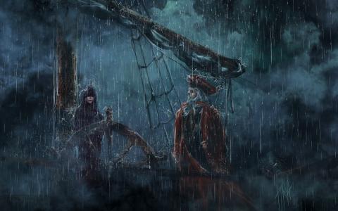 海盗雨船帆船风暴绘图高清壁纸
