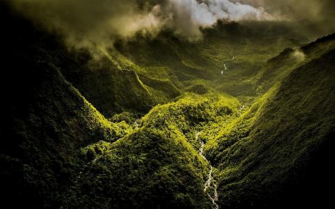 山，谷，绿色，雾，鸟瞰图，风景壁纸