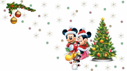 米老鼠，米奇，雪花，米妮，漂亮的灯，雪人，圣诞树壁纸