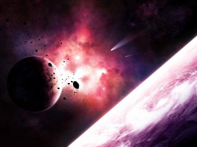 行星和彗星在太空紫色星云壁纸