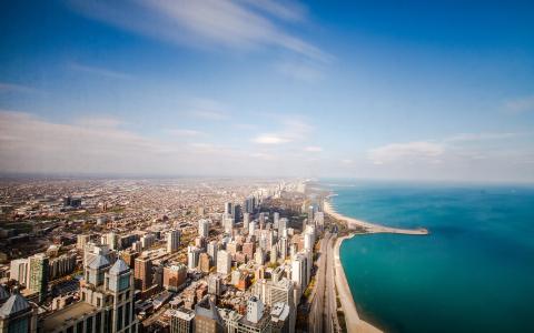 芝加哥，美国，伊利诺伊州，海洋，海岸线，地平线，天空，云，摩天大楼，道路壁纸