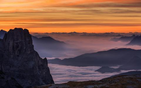 白云岩，山，早晨，景观，雾，阿尔卑斯山，日出，自然壁纸