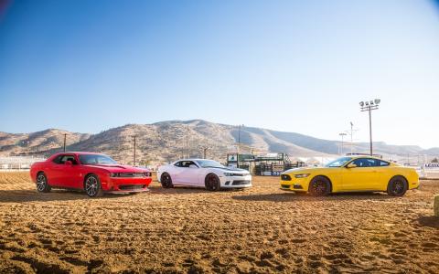 红色道奇挑战者，白色雪佛兰Camaro，黄色Ford Mustang壁纸