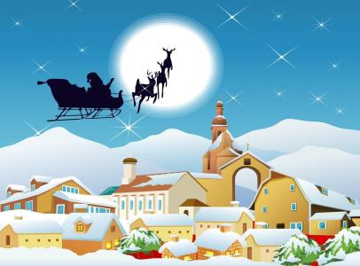 圣诞老人，雪橇，飞行，月亮，城市，房屋壁纸
