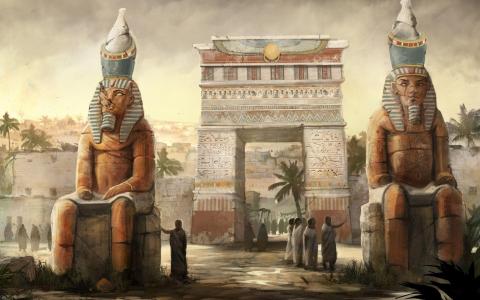 幻想，艺术，人们，数字艺术，埃及，雕像，镇，象形文字，石头房子壁纸
