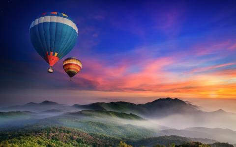 热气球飞行，早晨，黎明，日出，山，雾的壁纸
