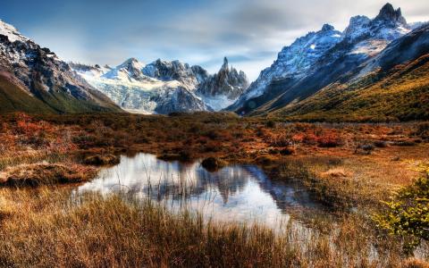智利，巴塔哥尼亚，山，岩石，雪，水壁纸