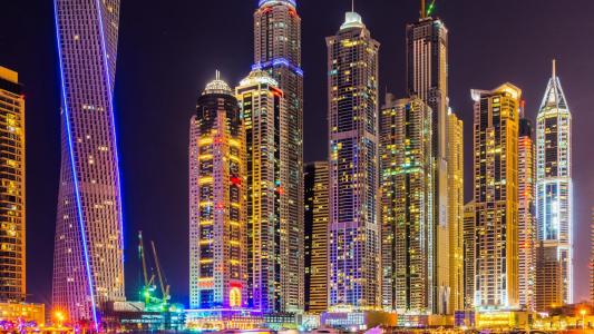 迪拜，城市，摩天大楼，建筑物，夜晚，灯光，多彩，辉煌，城市风光壁纸