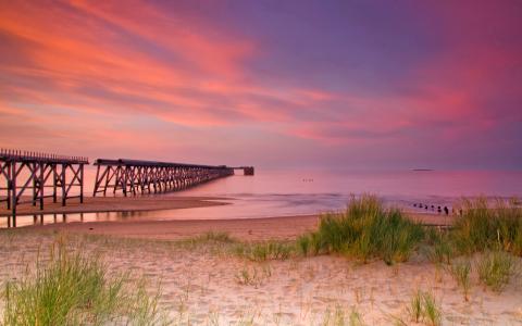 自然，桥梁，码头，沙，草，海，波浪，地平线，粉色天空壁纸