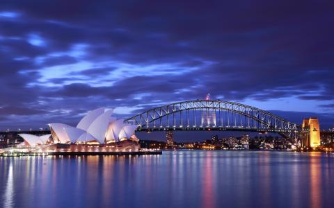 澳大利亚，悉尼歌剧院，夜，桥，灯，蓝色，海，天空，云壁纸