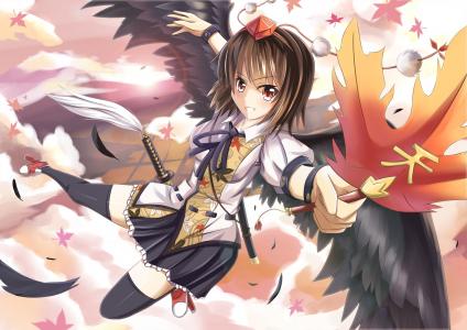 动漫女孩，东方，翅膀，Shameimaru绫壁纸