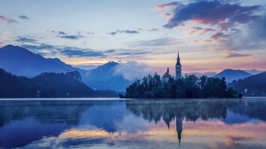 布莱德湖，斯洛文尼亚，马林斯基教堂，黎明壁纸