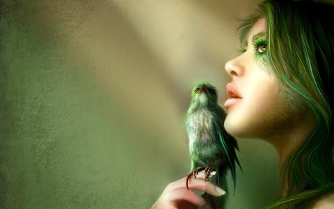 绿色的头发女孩与鸟壁纸
