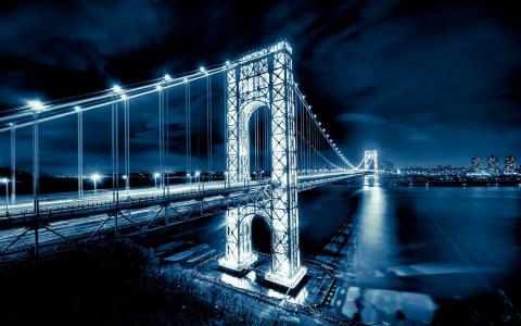 乔治·华盛顿大桥，新泽西州，曼哈顿，哈得逊河，美国纽约市，夜间灯光壁纸