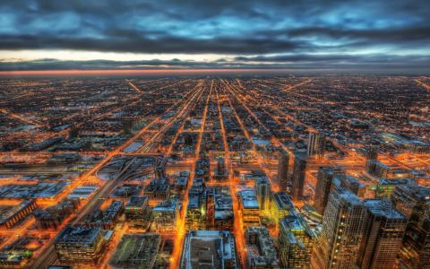 芝加哥，伊利诺伊州，美国，建筑，摩天大楼，夜间灯光壁纸