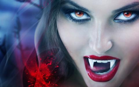 模型，血溅，吸血鬼，多汁的嘴唇，红色的眼睛壁纸