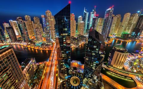 迪拜码头，迪拜，阿联酋，城市，晚上，建筑，摩天大楼，房屋，灯壁纸