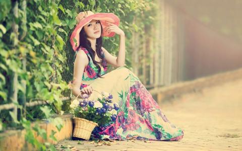 亚洲女孩，帽子，漂亮的连衣裙，街道，夏季壁纸
