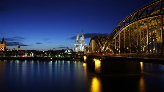 德国，Cologne，傍晚，莱茵河，桥，灯，建筑物壁纸