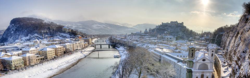 朦胧的早晨，暴风雪，河流，萨尔茨堡，奥地利壁纸
