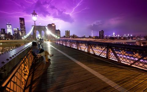 纽约，美国，桥，人，风暴，夜晚，闪电壁纸