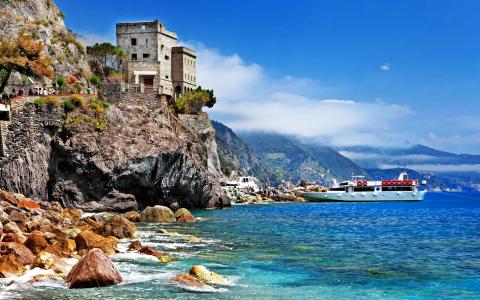 意大利，滨海蒙泰罗索，五乡地，岩石，城堡，船，海，海滩壁纸