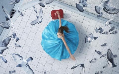 妇女，蓝色的连衣裙，鸟，鸟瞰图壁纸