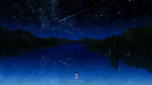 动漫夜湖明星彗星小行星反射树高清壁纸
