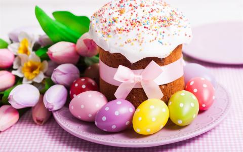 复活节，蛋糕，丰富多彩的蛋，郁金香壁纸