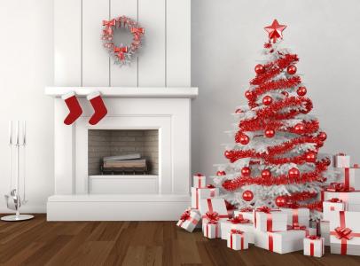圣诞节，假期，树，壁炉，礼物，山，花圈，丝袜壁纸