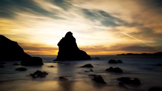 海滩岩石石海洋日落高清壁纸