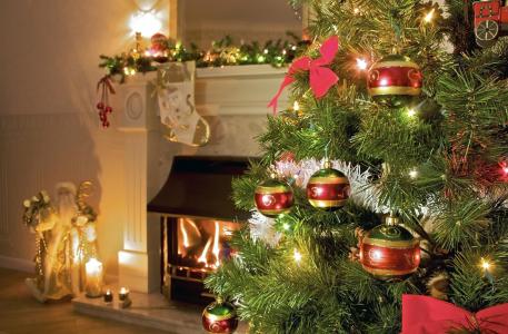 树，圣诞装饰品，壁炉，圣诞节，花环，舒适壁纸