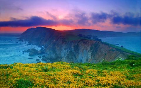 点雷耶斯国家海滨，加利福尼亚州，美国，云，日落，海洋壁纸