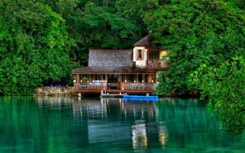 牙买加风景，绿树，湖，房子壁纸