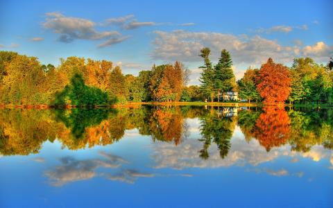 秋天湖和槭树HDR风景墙纸