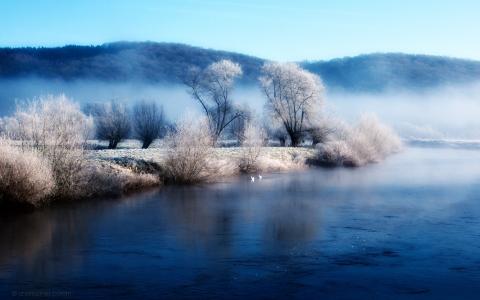 冬天湖岸早晨薄雾壁纸
