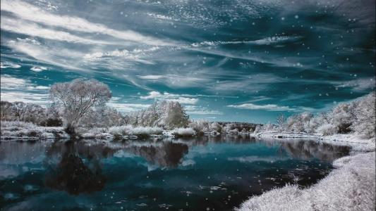 白雪皑皑的世界SNOWY雪冰冷的冰冰冷的冬天湖镜像树白色的山幻想顶高清壁纸