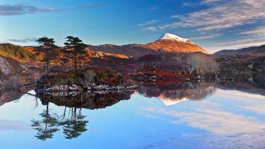 苏格兰风景，湖，天空，云，日落，山，雪，树木的壁纸