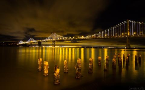 奥克兰桥梁旧金山海洋邮报晚上灯高清壁纸