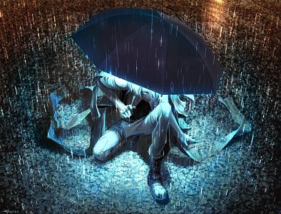 元，男人，雨伞，雨，光，晚上，水坑壁纸