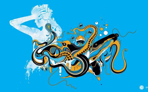 矢量设计，女孩，章鱼，蓝色背景壁纸