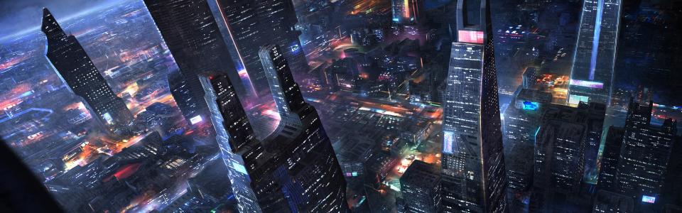 未来的城市，摩天大楼，夜晚，灯光，艺术设计壁纸