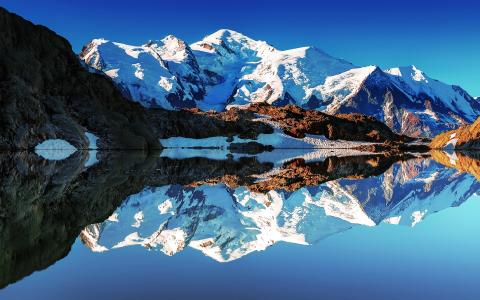 法国，阿尔卑斯山，勃朗峰，白山，湖，反射，镜子壁纸
