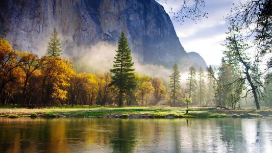大自然山森林云杉湖雾早晨雾倒影秋季高清桌面壁纸