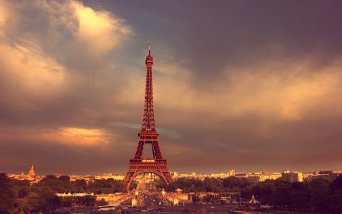 巴黎，埃菲尔铁塔，法国，公路，汽车，黄昏壁纸