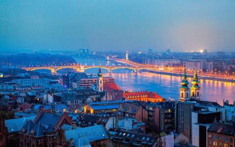 匈牙利，布达佩斯，城市，夜，房屋，河，桥，灯壁纸