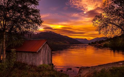 自然，景观，船库，湖，日落，挪威，树，山，天空壁纸